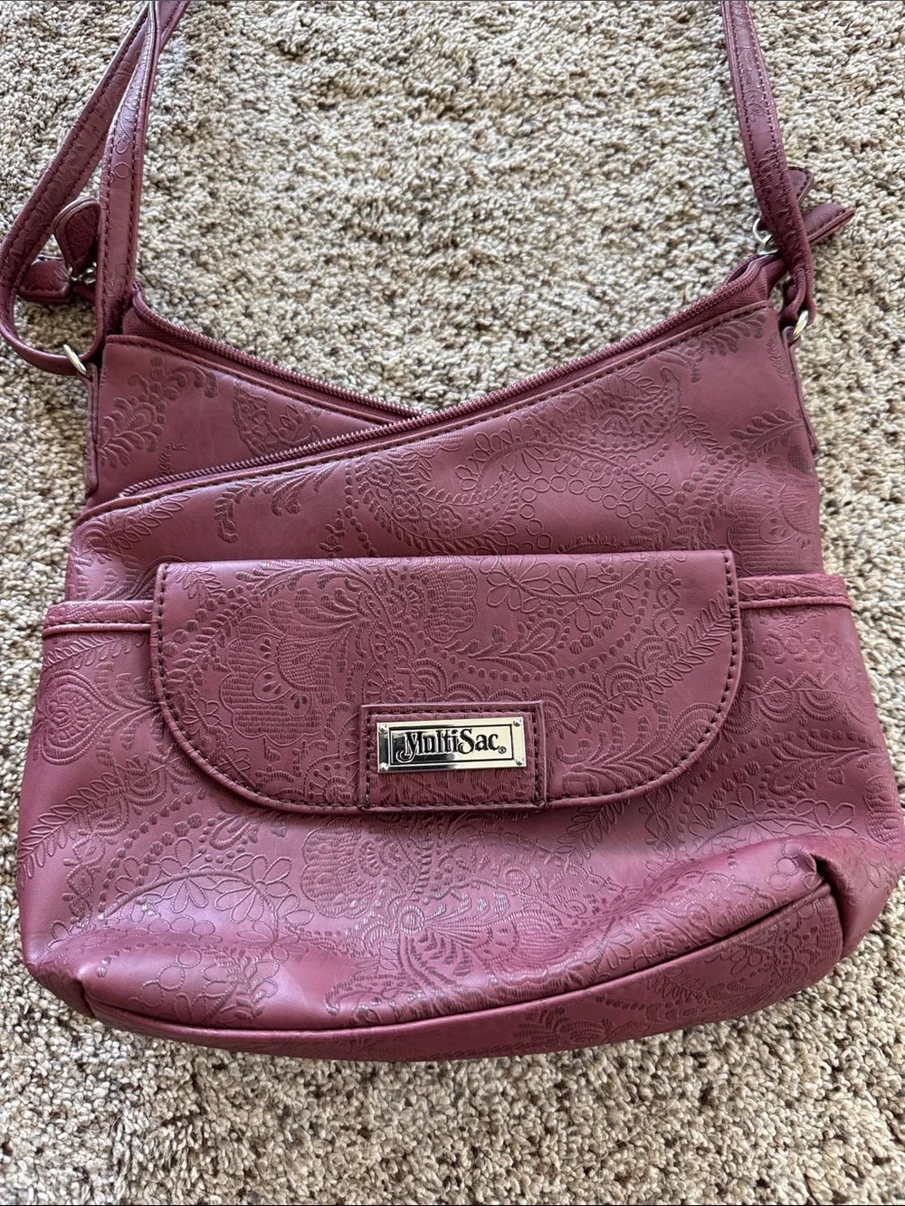 Embossed Burgundy Crossbody Bag with Front Flap
